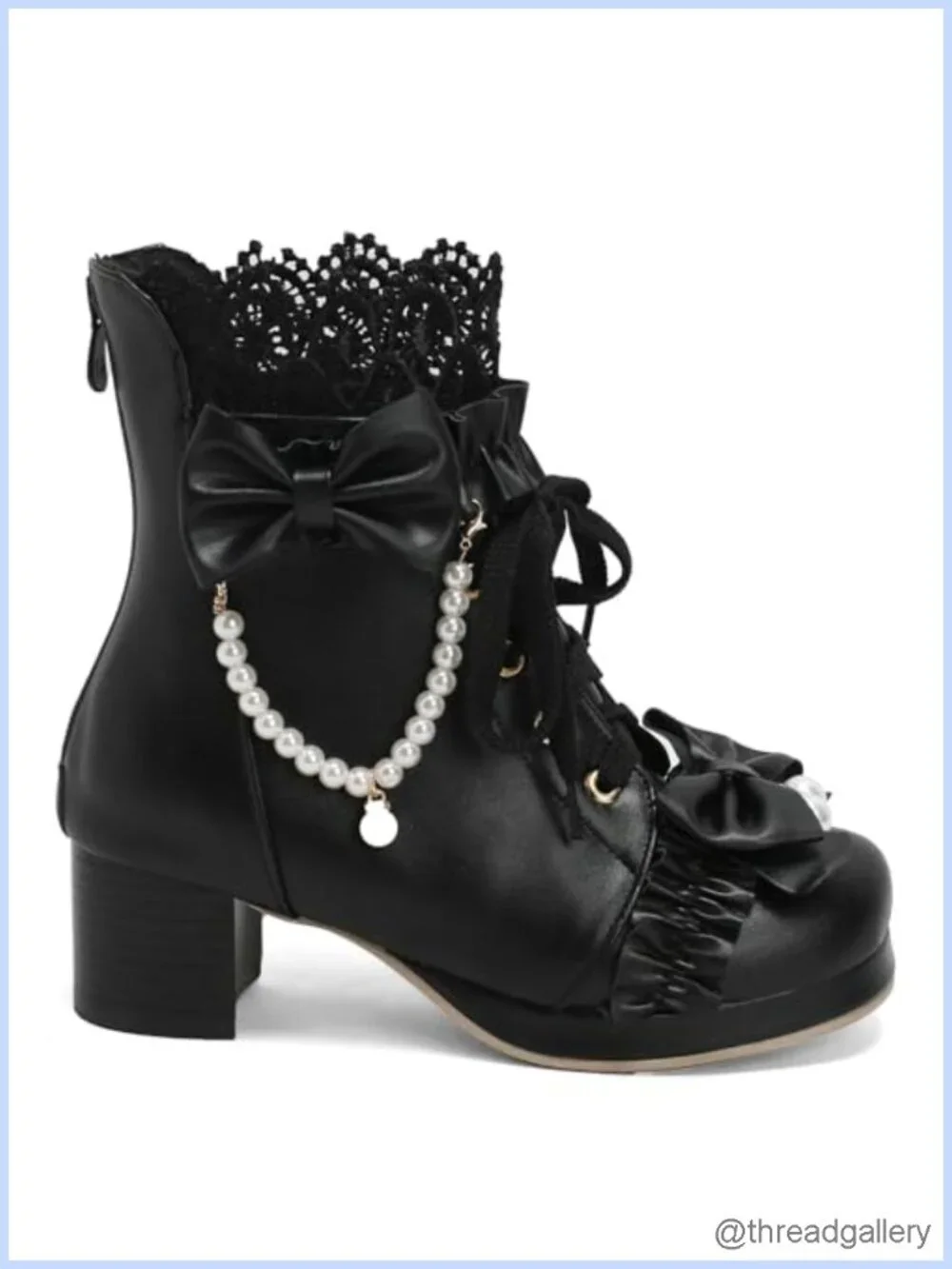 Chunky Mid Heel Lace Up Ankle Boots with Bow Platform Booties